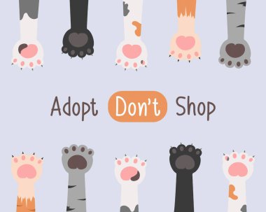 Farklı kedi ve köpek pençeleri ve mesajlar beni evlat edindi. Barınaktan hayvan evlat edinme çağrısında bulunan basit düz çizimler. Sancak vektör illüstrasyonu.