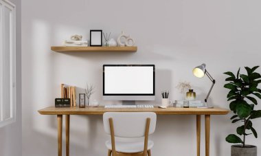 Çalışma yeri, boş beyaz ekran monitörü olan bilgisayar. Model yap, kopyala uzayı. Merkez ofis konsepti. İş, evden çalışmak, okumak, e-öğrenme, web sitesi konsepti. 3B görüntüleme.
