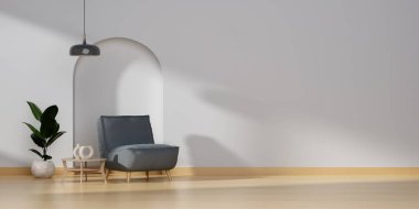 Çağdaş iç mekan tasarımı iç mekan, parlak duvarlar, ahşap döşeme, kanepe, lambalı koltuk. Rahatlama kavramı. 3d oluşturma.