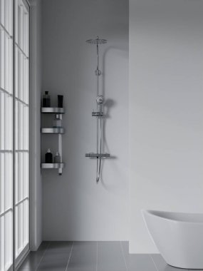 Modern beyaz banyo, beyaz zemin minimal iç tasarımı, 3D.