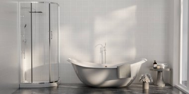 Minimum beyaz banyo 3D, beyaz duvar ve seramik zemin, odanın geniş pencereleri var. 3d hazırlayıcı.