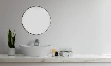 3 boyutlu boş bir tezgahı seramik lavabo ve modern tarz muslukla banyoya dönüştür. Ürünlerin gösterimi için boş alan. Arkaplan, Duvar fayansları..