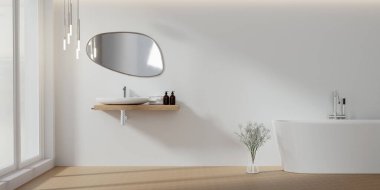 Minimal tarzı beyaz banyo 3D döşeme, beyaz duvar ve ahşap zemin, odanın geniş pencereleri var. 3d hazırlayıcı.