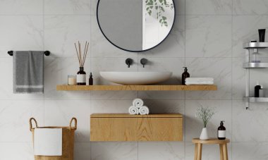 3D bir ahşap tezgahı dekorasyon leğeni ve modern tarz beyaz banyo 3D işlemeli, beyaz duvar seramik ve aynalarıyla donatın. 3d hazırlayıcı.