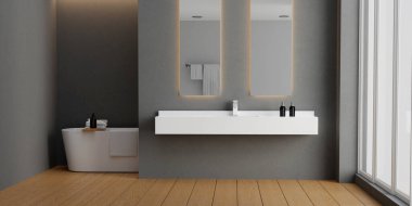 Minimal tarzı beyaz banyo 3D döşeme, gri duvar ve ahşap zemin, odanın geniş pencereleri var. 3d hazırlayıcı.