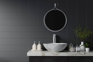 Üst seramik süslemeli bir tezgah, lavabo ve modern tarz beyaz banyo 3D görüntüleme, gri seramik duvar ve aynalar, odanın büyük pencereleri var. 3d hazırlayıcı.