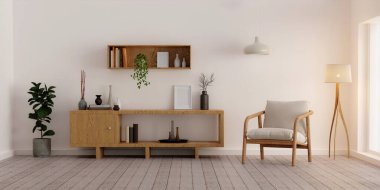 3 boyutlu, minimumda oturma odası, sandalye, ahşap kahverengi dolap ahşap, ahşap duvarda lamba..