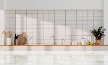 Ahşap platformdaki mermer masa üstü, bulanık mutfak gereçlerinde fotokopi alanı ve arka planda tabaklar. 3 Boyutlu resimleme.