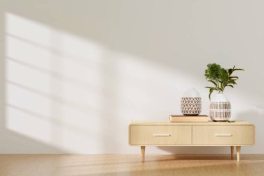 Oturma odasının iç mimarisi. Boş, tarafsız duvar zemininde konsol süslemesi olan ahşap masa. 3d görüntüleme, illüstrasyon.