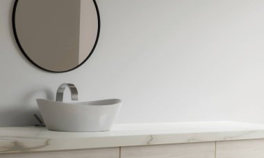 3 boyutlu boş bir tezgahı, seramik lavabo ve modern tarz beyaz banyo 3D duvar ve aynalarla donatın. Odanın geniş pencereleri var. 3d hazırlayıcı.