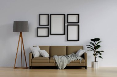 Boş poster çerçevesi oturma odasının içinde, bej kanepe, lamba, bitki. Modern oturma odası arka planı, bej kanepe. 3d resimleme.
