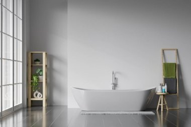 Minimum beyaz banyo 3D, beyaz duvar ve seramik zemin, odanın geniş pencereleri var. 3d hazırlayıcı.