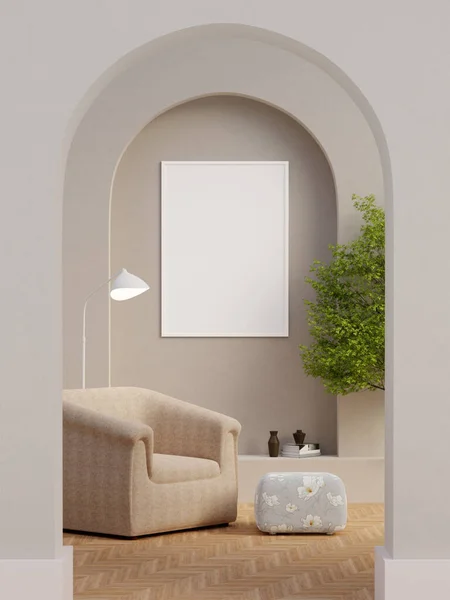 Açık renk oturma odası şifoniyeri ve sanat dekorasyonlu raf, model çerçeve. 3d resimleme.