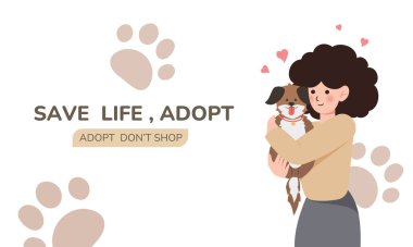 Afro-Amerikalı bir kadın köpek evlat ediniyor. Düz köpek stili dişi kucaklayan pankart, vektör illüstrasyonu.