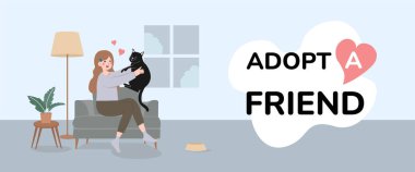 Sevilen kediyi kucaklamak, evcil hayvan sahipliğinin rahatlığını ve neşesini yaşamak, Evcil Hayvan Evlat Edinme Konsepti. Çizgi film Vektör İllüstrasyonu.