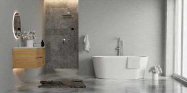 Banyo içi banyo küveti, gri mermer duvarlar, küvet, mermer zemin. Modern banyo. 3d hazırlayıcı.