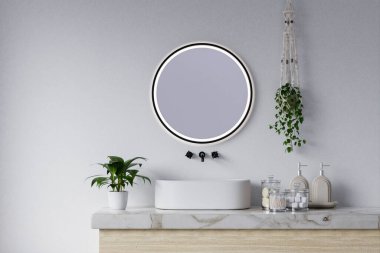 Üst seramik süslemeli bir tezgah, lavabo ve modern tarz beyaz banyo 3D dekorasyonu, beyaz duvar ve aynalar, odanın büyük pencereleri var. 3d hazırlayıcı.