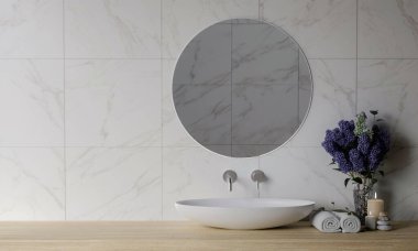 3 boyutlu boş bir tezgahı, lavabolu ve modern tarz beyaz banyo 3D duvar ve aynalı bir tezgahla donatın. Odanın geniş pencereleri var. 3d hazırlayıcı.