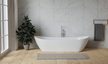 Minimal tarzda beyaz banyo 3D, beyaz seramik duvar ve ahşap zemin, odanın geniş pencereleri var. 3d hazırlayıcı.