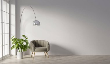 Kanepesi, rafı ve bitkisi olan boş bir oda ve minimum 3D işlemeli, beyaz duvar ve ahşap zeminli oda geniş pencerelere sahiptir. 3d hazırlayıcı.