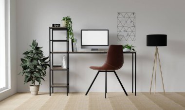 Bilgisayarlı, tabletli ve telefonlu boş beyaz ekranın bilgisayar, tablet ve telefonlu bilgisayar sistemi ve öndeki beyaz duvar. 3B görüntüleme.
