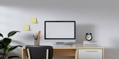 Masası ve masaüstü bilgisayarı olan 3 boyutlu modern oturma odası çalışma alanı. Merkez ofis çalışmak için güvenli bir yerdir...