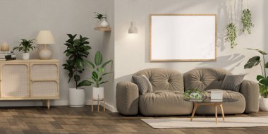 Modern oturma odası kanepe ve dekore minimum 3D şekil, beyaz duvar ve ahşap döşeme 3D,.