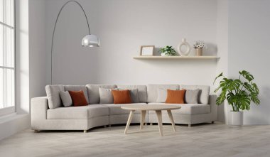 Modern oturma odası kanepe ve dekore minimum 3D şekil, beyaz duvar ve ahşap döşeme 3D,.