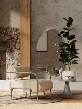 Modern oturma odası kanepe ve dekore minimum 3D şekil, beyaz duvar ve ahşap döşeme 3D,.