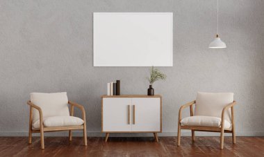 Boş beyaz duvar zemininde bir koltuk ve beyaz duvarda boş çerçeve modeliyle modern minimalist iç mekan. 3d resimleme.