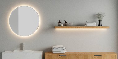 3 boyutlu boş bir tezgahı seramik lavabo ve modern tarz muslukla banyoya dönüştür. Ürünlerin gösterimi için boş alan. Arkaplan, Duvar fayansları..