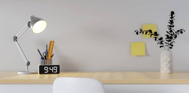 Yaratıcı çalışma alanı. Ev ofisi ahşap masa çalışma alanı. Ofis işyerindeki malzemeler. Modern iç tasarım konsepti. 3d oluşturma..