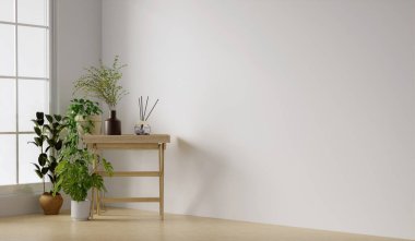 Rafı ve bitkisi olan boş bir oda ve minimum 3D işlemeli, beyaz duvar ve ahşap zeminli oda geniş pencerelere sahiptir. 3d hazırlayıcı.