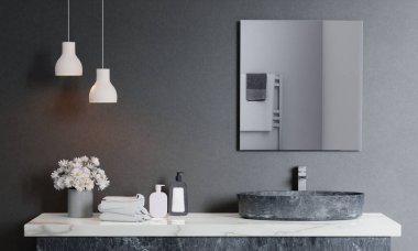 Üst düzey seramik ve modern tarzda beyaz banyo 3D çerçeveli lavabo tezgahı, beyaz duvar ve aynalar, odanın geniş pencereleri var. 3d hazırlayıcı.