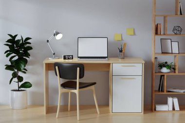 Masası ve masaüstü bilgisayarı olan 3 boyutlu modern oturma odası çalışma alanı. Merkez ofis çalışmak için güvenli bir yerdir...