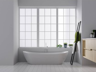 Minimum beyaz banyo 3D, beyaz duvar ve seramik zemin, odanın geniş pencereleri var. 3d hazırlayıcı.