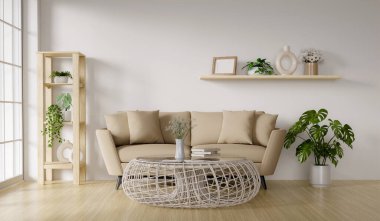 Modern oturma odası kanepe ve dekore minimum 3D şekil, beyaz duvar ve ahşap döşeme 3D,.