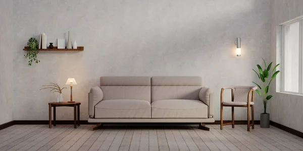 living room interior, beige sofa, lamp, plant. modern living room interior background, beige sofa. 3d rendering illustration.