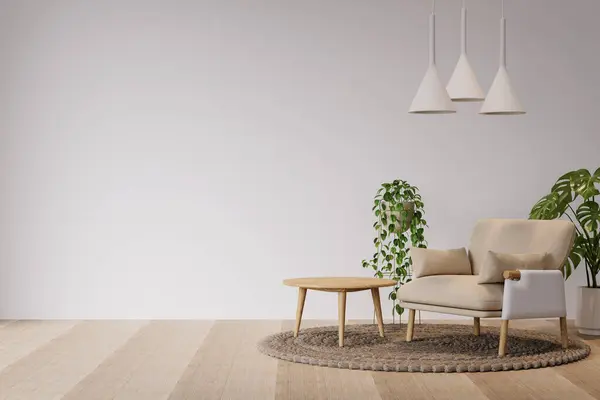 Empty living room with white wall, minimalist armchair and plant, realistic lighting. Decorated home mockup with free space, 3d rendering illustration.