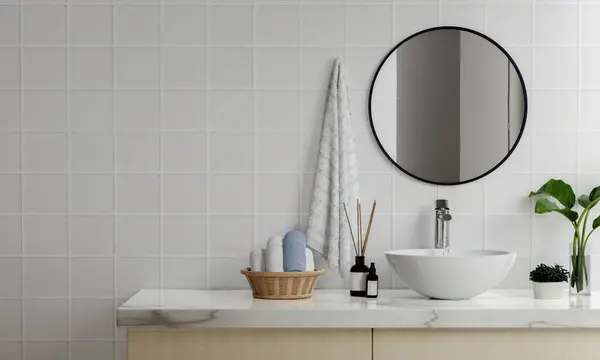 3 boyutlu boş bir tezgahı seramik lavabo ve modern tarz muslukla banyoya dönüştür. Ürünlerin gösterimi için boş alan. Arkaplan, Duvar fayansları..