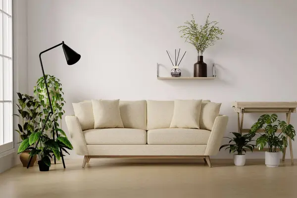 white Living room with sofa and plant Minimal style 3d render, white wall and wood floor, The room has large windows. 3d render.