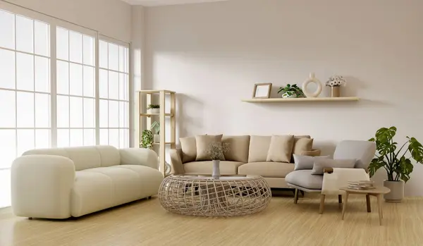 Modern oturma odası kanepe ve dekore minimum 3D şekil, beyaz duvar ve ahşap döşeme 3D,.