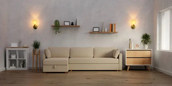 Şık bir oturma odası dekorasyonu, dekorasyonu, yastıkları, ekoseli ve kişisel aksesuarları olan modern ev dekorasyonu. Şablon. 3d resimleme.