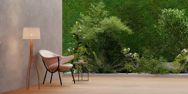 boş cam odada kanepe ve lamba tropikal yeşil bitki duvarı arka planda 3D yapım, beyaz duvar ve ahşap döşeme 3D..