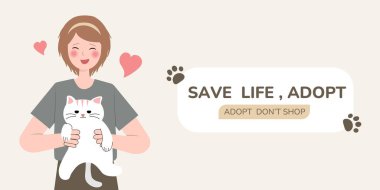 Sevilen kediyi kucaklamak, evcil hayvan sahipliğinin rahatlığını ve neşesini yaşamak, Evcil Hayvan Evlat Edinme Konsepti. Çizgi film afişi vektör illüstrasyonu.