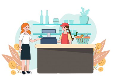 Müşteri ödemesi kredi kartıyla ve POS terminaliyle yapılıyor. Nakitsiz NFC bankacılık sistemi. Kablosuz işlem. vektör illüstrasyonu.