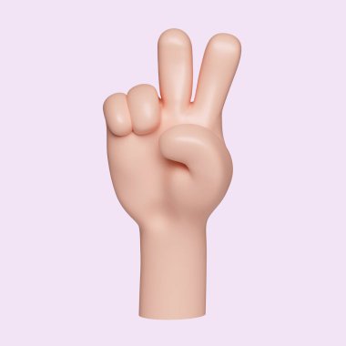 3D el iki parmağını gösteriyor. Barış işareti. Parmak sayma hareketi. Sarı arkaplanda ikon izole edildi. 3D tasvir. Kesme yolu..