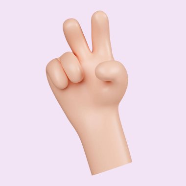 3D el iki parmağını gösteriyor. Barış işareti. Parmak sayma hareketi. Sarı arkaplanda ikon izole edildi. 3D tasvir. Kesme yolu..