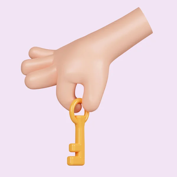 3d Cartoon human hand hold key. icon isolated on pink background. 3d rendering illustration. Clipping path..