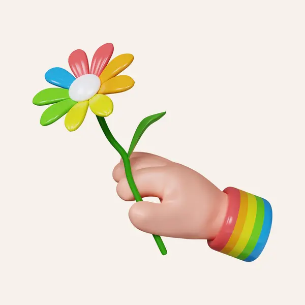 3d hand hold Rainbow flower, Pride month, LGBT concept background. LGBT pride month. icon isolated on white background. 3d rendering illustration. Clipping path..